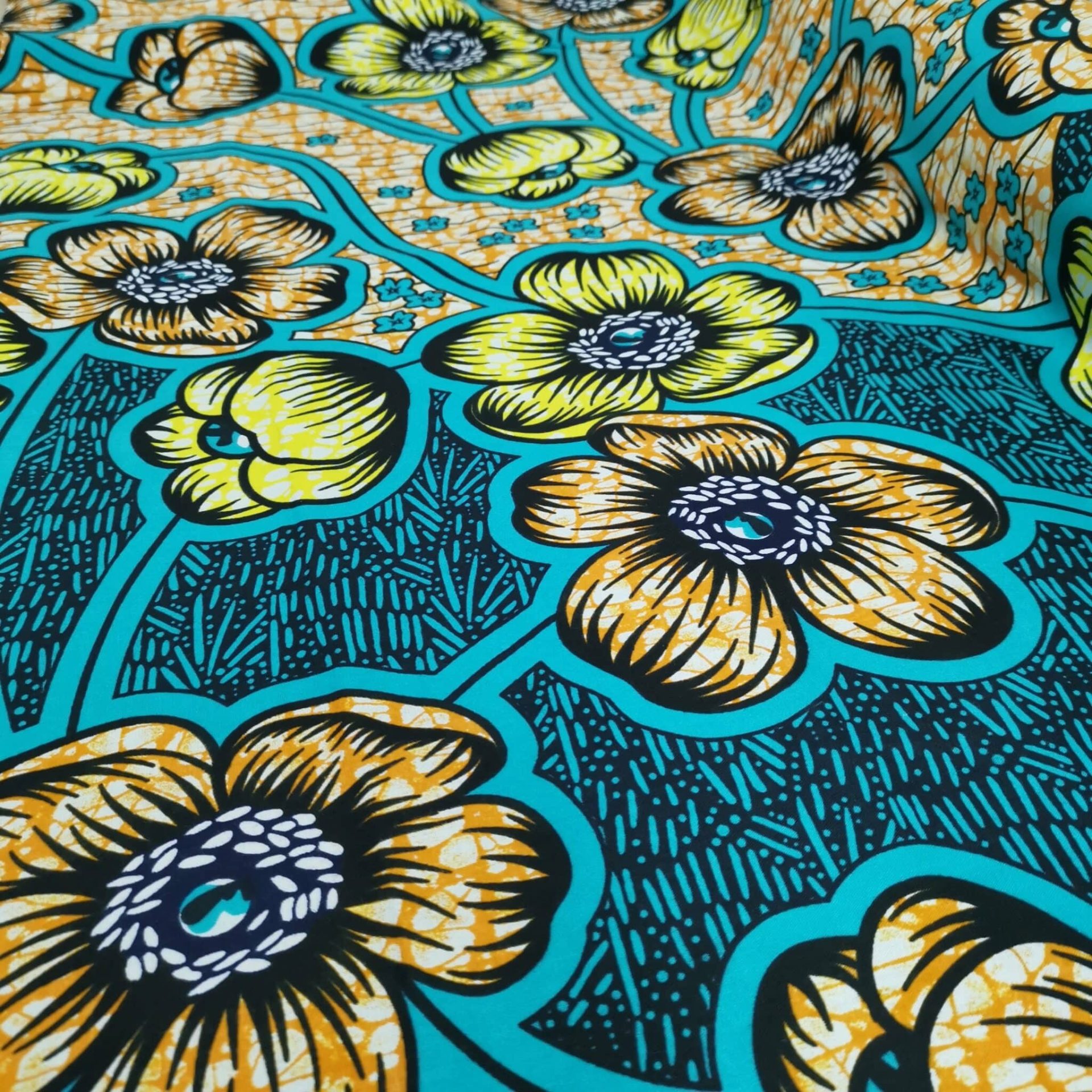 Tissu Africain Motif Floral Jaune / Turquoise — vue 3