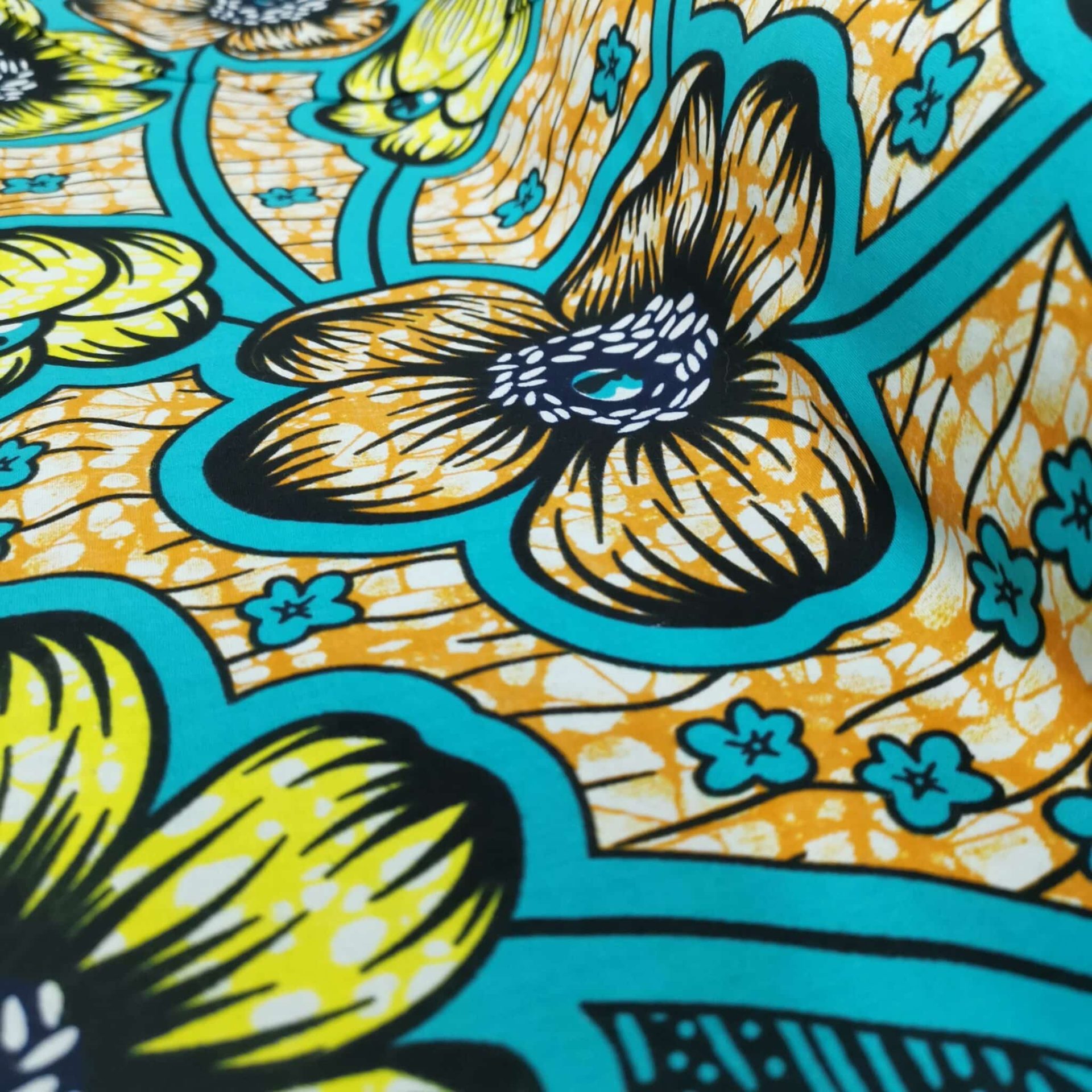 Tissu Africain Motif Floral Jaune / Turquoise